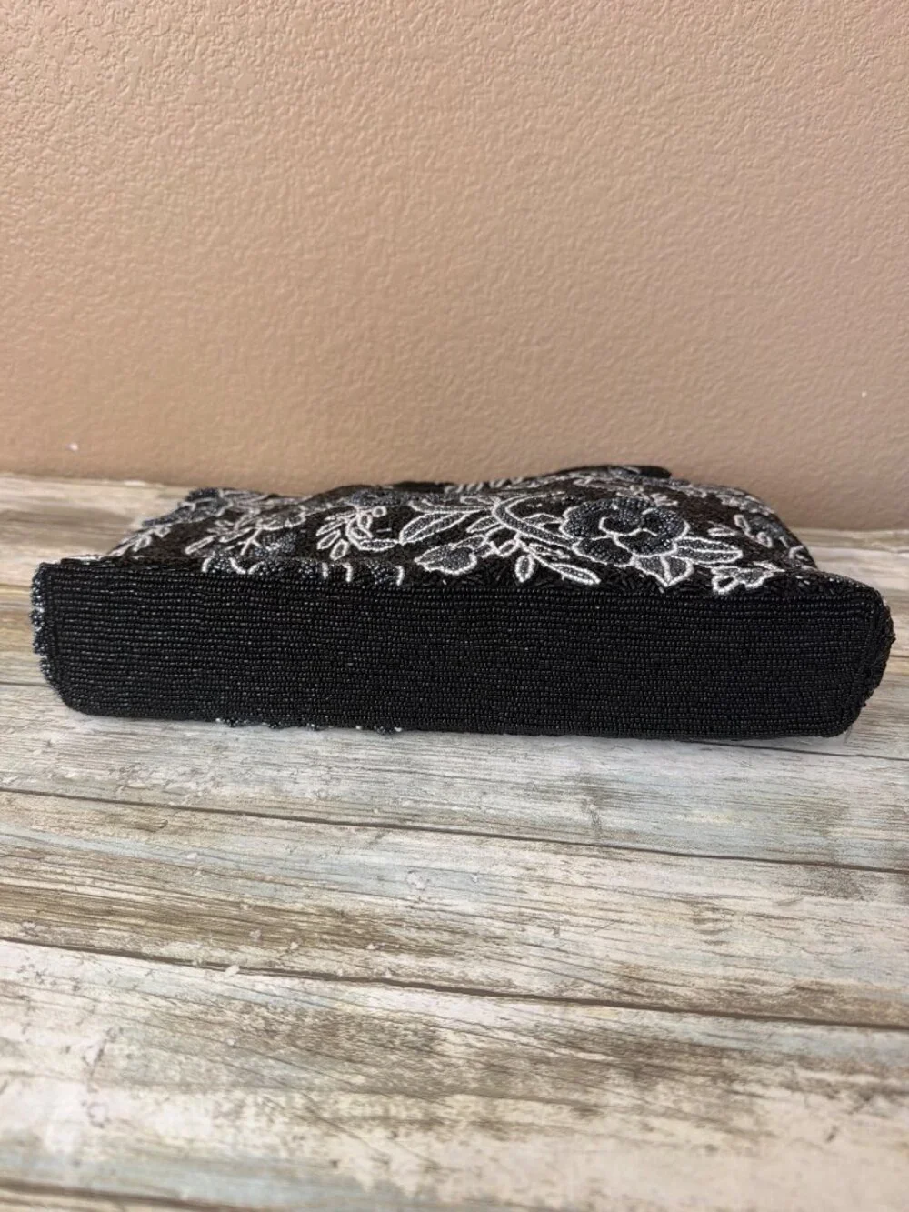 Vintage Black White Beaded Floral Evening Bag Top Handle Cocktail Purse - Picture 5 of 13